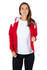 A red and white zip hoodie with a contrasting shoulder design, featuring a model wearing it over a white top.