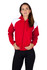 A red hoodie with white shoulder contrast, featuring a zip front and a hood, worn by a model.