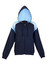 A navy and light blue women's junior zip-up hoodie with a hood and front pockets. It features contrasting shoulder panels.