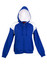 A blue hoodie with white shoulder panels and a zip front, featuring a hood and front pockets.
