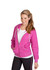 A pink women's junior zip hoodie with a front zipper and drawstring hood, paired with a white top and black pants.