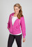 A pink women's hoodie with a zip, featuring a front pocket and a drawstring hood, modelled by a woman.