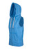 A sleeveless zip hoodie in blue, featuring a hood and front pockets, with an emblem on the chest.