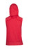A sleeveless red hoodie featuring a hood and a branded logo on the back. Suitable as casual wear.