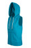 A sleeveless zip hoodie in vibrant teal featuring a hood and front pockets. Includes branding.