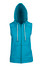 A sleeveless zip hoodie in vibrant turquoise with a front pocket and a hood. Features a logo on the fabric.