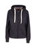 A dark grey heavy zip fleece hoodie with a hood and cream drawstrings, featuring two front pockets and a logo.