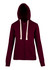 A maroon heavy zip fleece hoodie with a hood and contrasting drawstrings, featuring front pockets and a branded logo.