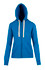 A blue women's junior heavy zip fleece hoodie with a hood and two front pockets. It features a logo on the garment.