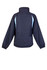 A navy blue rain jacket featuring light blue accents and a high collar. It has a logo on the back.