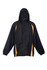 A black rain jacket with yellow accents and a hood, featuring a logo on the front.