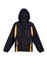 A black and yellow shower-proof sportech nylon jacket with a hood and elastic cuffs. It features a logo.
