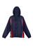 A navy blue and red shower-proof nylon jacket with a hood and elastic cuffs, featuring a logo.