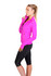 A bright pink women's nylon/spandex jacket with a zip front, paired with black leggings. The jacket features a logo.