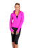 A woman wearing a bright pink nylon/spandex jacket with a zip and long sleeves, styled with black leggings.