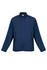 A navy blue men's soft shell jacket with long sleeves and a zippered front, featuring side pockets and a logo.