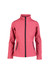 A pink women's soft shell jacket with a high collar and zippered pockets, featuring a branding logo.