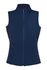 A navy soft shell vest featuring a high collar and zippered front, with two side pockets and a logo.