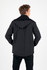 A men's softshell hooded jacket in black, featuring a hood and a logo, viewed from the back.