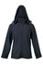 A black men's soft shell hooded jacket with a zip front and two side pockets. The jacket has a hood and includes branding.