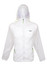 A white men's air jacket featuring a hood, zippers, and a small logo. It has green accents.