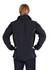 A black men's jacket with a high collar and contrast stitching, featuring a logo on the back.