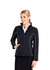 A woman wearing a black women's jacket with white piping details and a zipped front, featuring a logo.