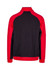 A men's jacket in red and black, featuring a high collar and raglan sleeves, with a branding logo.