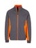 A men's jacket in grey with vibrant orange accents, featuring a full zip and stand-up collar. It has a logo.