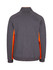 A men's jacket in grey with bright orange side panels, featuring a collar and a logo on the back.