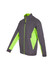A grey jacket featuring bright green accents, with a zip closure and pockets, including a zippered chest pocket.