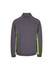 A men's jacket in grey with bright green side panels, featuring a high collar and a logo.