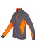 A grey jacket with bright orange accents and a zippered front, featuring a pocket on the sleeve and a logo.