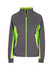 A grey and neon green zip-up women's jacket with a fitted design and a side pocket. It has a branding logo.