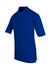 A blue men's 100% cotton jersey polo shirt displayed at an angle, featuring a collar and three buttons.
