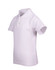 A white kid's pique polo shirt with a classic collar and short sleeves. It features a logo on the front.