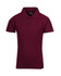 A kid's short-sleeved polo shirt in burgundy with a collar and three buttons, featuring a logo.