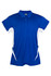 A blue polyester polo shirt featuring white accents and a logo on the chest. Short sleeves are included.
