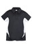 A black and white Kid's Accelerator Polyester Polo shirt, featuring a logo and short sleeves.