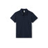 A navy blue children's polo shirt with a collar, featuring a button placket and a logo.