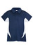 A navy blue polo shirt with white accents, featuring a collar and buttons, and a logo on the chest.