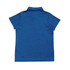 A blue polo shirt for kids made of 100% polyester, featuring a collar and short sleeves. It has a logo.