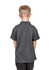 A grey kid's polo shirt with short sleeves, featuring a collar and a logo on the back.