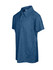 A short-sleeved, dark blue polo shirt made of 100% polyester, featuring a collar and buttons. It has a logo.