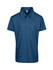A blue kid's polo shirt made from 100% polyester, featuring a collar and three buttons, with a logo.