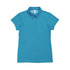 A teal women's polo shirt made of 100% polyester with a collar and short sleeves. Features a logo on the chest.