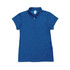 A women's polo shirt in a vibrant blue colour, made of 100% polyester, featuring a collar and buttons.