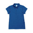 A women's polo shirt in a vibrant blue colour, made of 100% polyester, featuring a collar and short sleeves.