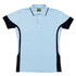 A light blue polo shirt with black contrast panels, featuring a classic collar and three-button placket.