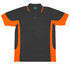 A men's polo shirt in black with contrasting orange sleeves and side panels, featuring a collar and three buttons.